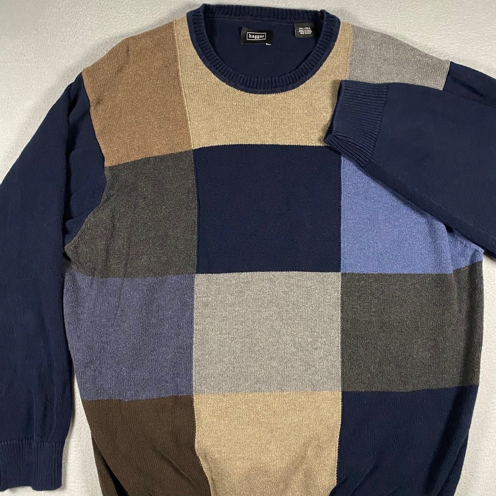 Haggar Sweater‎ Mens XXL Blue Colorblock Cotton Patchwork Crewneck